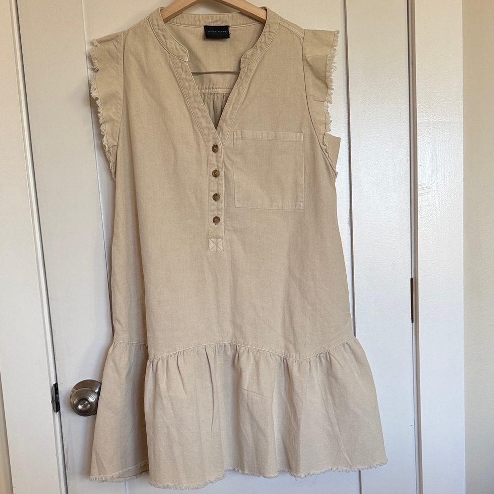 Miou Muse Beige Sleeveless Ruffle Hem Dress